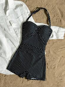 SHEIN 少女黑色连体挂脖褶皱泳衣，简约修身泳装 - 彩色 - 查看 6