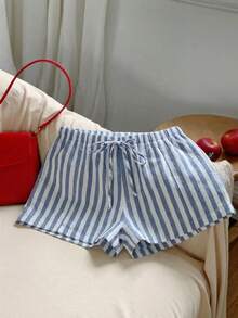 Comfortcana 女士复古海军蓝条纹休闲棉质抽绳短裤，适合外出、街头风、时尚休闲、海滩度假 - 彩色 - 查看 6
