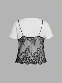 SHEIN MOD Áo thun ngắn cổ tròn ren tương phản 2 trong 1 màu trắng cỡ lớn, dành cho mùa hè - Đen và trắng - Xem 2