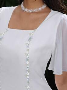 Modelyn Square Neck Chiffon Ruffle Trim Patchwork Short Sleeve Waist Cinched Midi Dress For Women - White - View 4