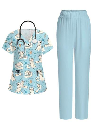 PopScrub Bộ đồ y tá nữ gồm 2 món, họa tiết mèo và chuột, cổ chữ V, tay ngắn, có túi, tai thỏ, xẻ tà, thích hợp mặc mùa xuân/hè, gồm đồng phục y tá, bộ đồ thường ngày, trang phục cho người yêu mèo, quần màu xanh nhạt.