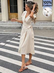 Serisse 女士休闲纯色系带中长连衣裙 - 杏色 - 查看 6