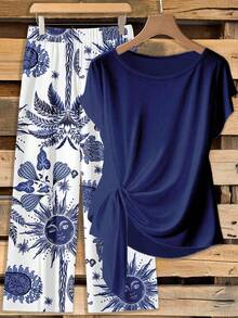 EMERY ROSE 女士纯色侧系带短袖衬衫和宽松直筒太阳脸印花裤两件套 - 彩色 - 查看 4