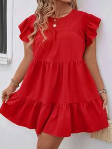 SHEIN PETITE CURVE Große Größen Damen Einfarbiges Rundhals Locker Babydoll Kleid, Rüschensaum, Urlaubs-Strandoutfit - Rot - Übersicht 5