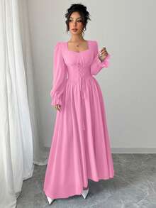 Modelyn Women's Solid Color Sweetheart Neck Tie-Up Design Elegant Waist Cinched Dress - Pink - View 5