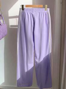 Comfortcana Women's Casual Commuting School Sports Elastic Waist Purple Contrast Striped Side Loose Wide Leg Sweatpants, Spring/Summer - Purple - View 2