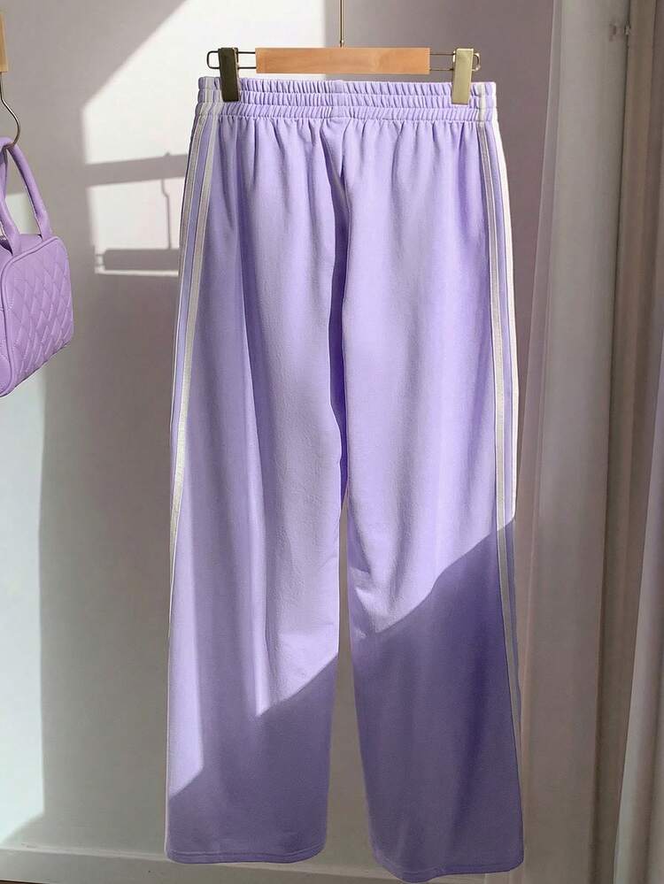 Comfortcana Pantalones deportivos anchos de cintura elástica con rayas laterales en contraste púrpura para uso casual, ir a la escuela y hacer deporte, para primavera/verano - Morado - Añade 2