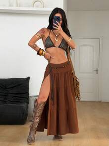 Coolane 女士四季皆宜音乐会、锐舞派对、音乐节、外出、文艺复兴集市蕾丝侧开衩半身裙，适合度假、西部风情、Y2K风格面料 - 棕色 - 查看 2