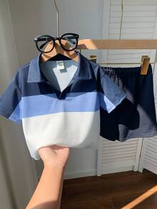 SHEIN 2 Stücke Baby Jungen Lässig gestreiftes Poloshirt & Marine Shorts Set, geeignet für Geburtstagsfeiern, Abendveranstaltungen, Aufführungen, Hochzeiten, Babypartys, 1. Geburtstagsfeiern - Verschiedenfarbig - Übersicht 1