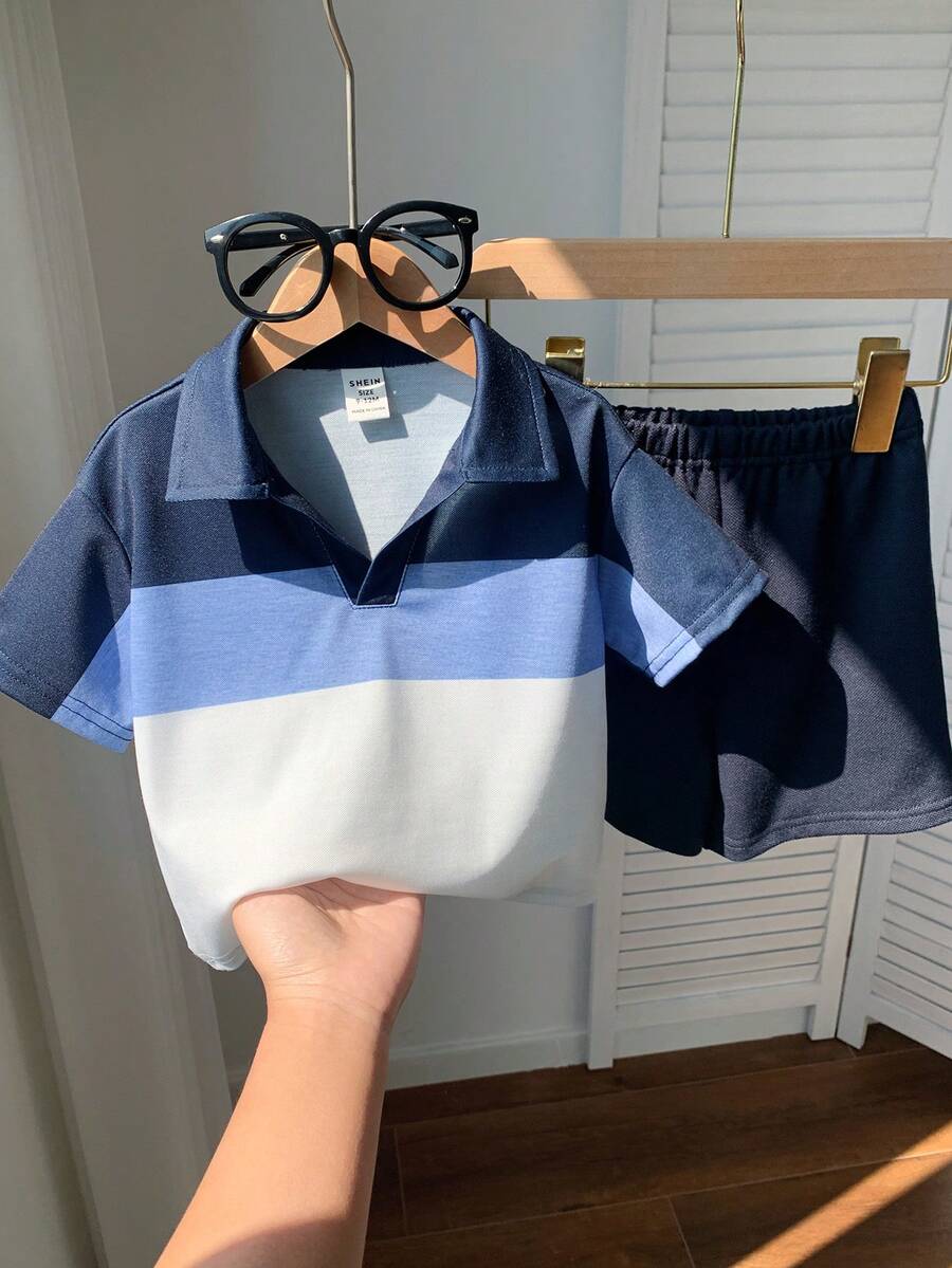 SHEIN 2 Stücke Baby Jungen Lässig gestreiftes Poloshirt & Marine Shorts Set, geeignet für Geburtstagsfeiern, Abendveranstaltungen, Aufführungen, Hochzeiten, Babypartys, 1. Geburtstagsfeiern - Verschiedenfarbig - Übersicht 1