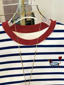 Resyla 女士夏季休闲宽松条纹T恤/腊肠犬印花 - 彩色 - 查看 3