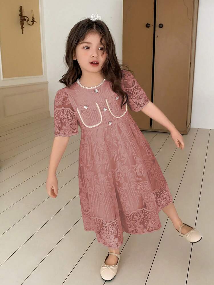 Young Girls' Summer New Elegant Princess Style Jewel Neck Beaded Embroidery Waist Cinched High-Waist Lace Dress - Baby Pink - View 4