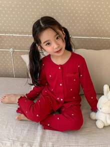 Dazy Kids 少女極簡印花長袖上衣與長褲家居服套裝，秋季 - 紅色 - 查看 6