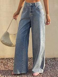 DAZY 女士宽松水钻印花牛仔裤 - 藍色 - 查看 5