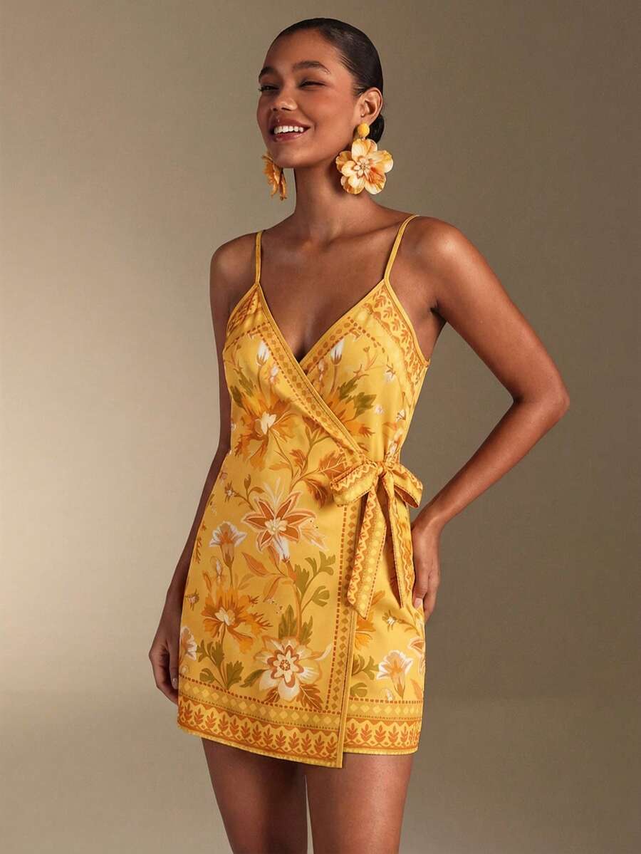 Swim Oasis Đầm slip dáng suông in hoa dành cho nữ, kiểu dáng thường ngày, thích hợp mặc đi biển. - Màu vàng - Xem 1