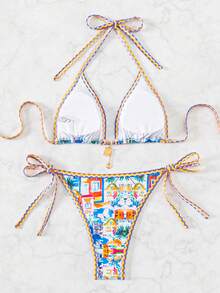 Swim Mod Women's New Triangular Cup Bikini Set, Sexy Tie-Up Swimwear 2 Pieces - Multicolor - View 2