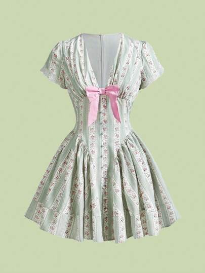  Sweetness Striped & Floral A-Line Casual Dress, Vacation Style