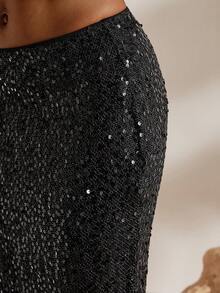 Opulessa Women's Sequin Mermaid Hem Skirt, Seductive Autumn Bohemian Ibiza , Western Style Summer Holiday, Beach Club Vacation - Black - View 7