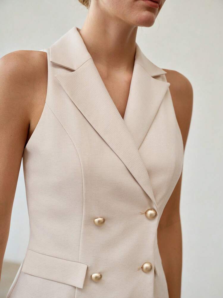 WOVEN SHINY SATIN ELEGANT SLEEVELESS BLAZER