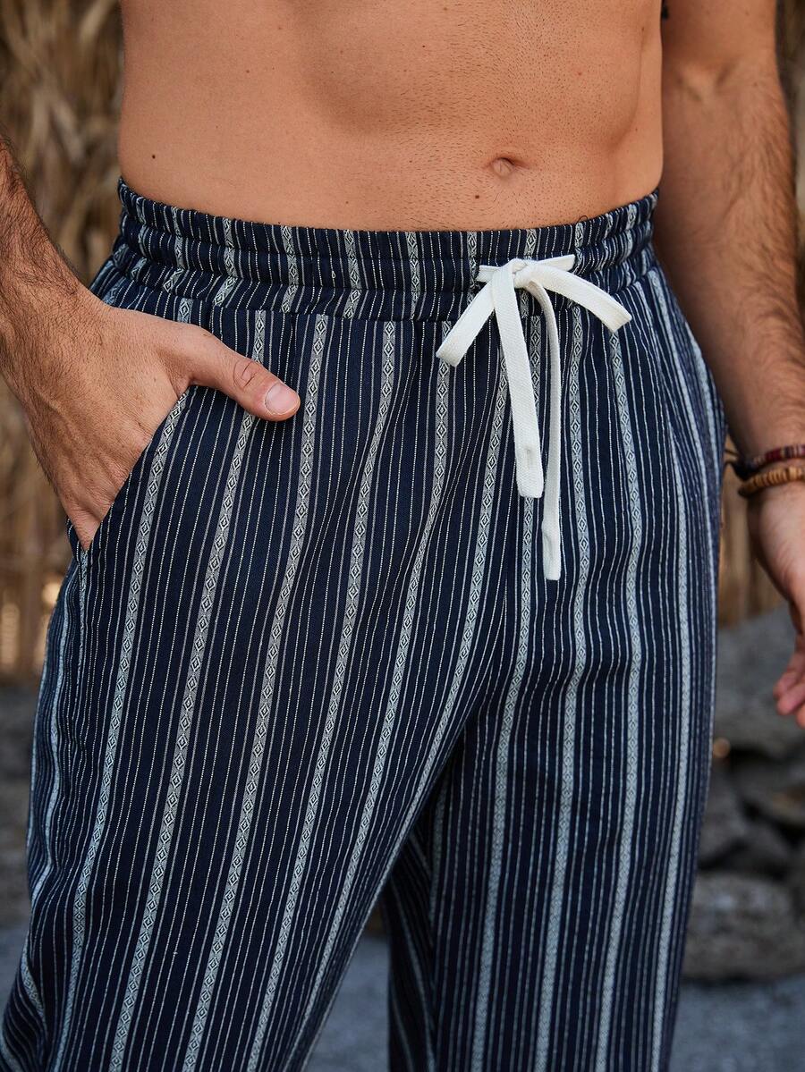 VENTUSAIL Men's Casual Pants With Line Print - Navy Blue - View 1