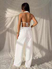 SHEIN EZwear 女款白色夏季休閒度假兩件套，編織掛脖上衣與寬腿褲，聖托里尼希臘度假風套裝，早午餐穿搭套裝 - 白色 - 查看 3