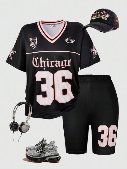 SHEIN 2件套少女针织V领印花T恤搭配紧身运动短裤，数码印花，字母图案，舒适弹力面料，适合春夏休闲及运动穿着。