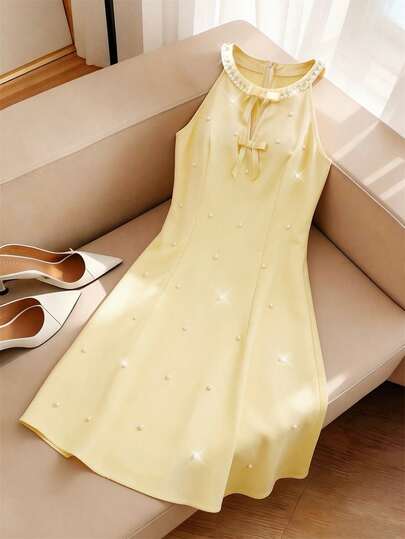 GlowEve 女士优雅度假风珠宝领无袖纯色迷你连衣裙