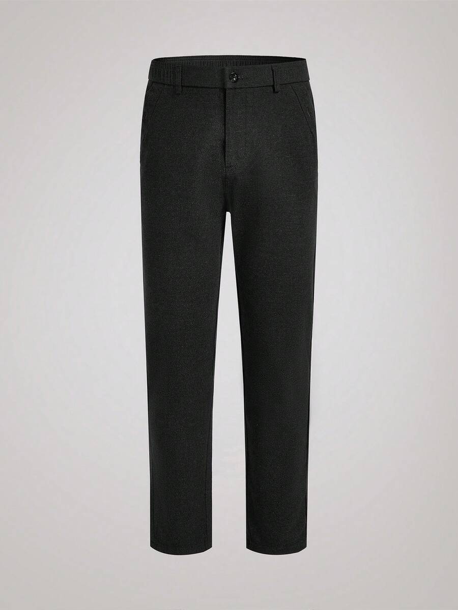 Officeau Men's Elastic Waist Solid Color Side Pockets Casual Straight Leg Pants, Fall - Black - View 1