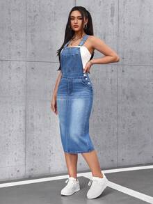 SHEIN Tall Women's Solid Color Minimalist Casual Sleeveless Denim Dress - Blue - View 6