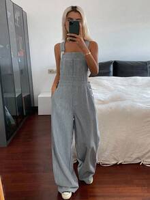 DAZY 女士条纹休闲街头牛仔背带裤和连体裤 - 藍色 - 查看 2