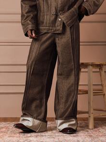 Quần jeans denim thô dáng rộng SUMWON với xếp ly phía trước và gấu quần gập lại, thích hợp cho trang phục thường ngày. - màu nâu - Xem 2