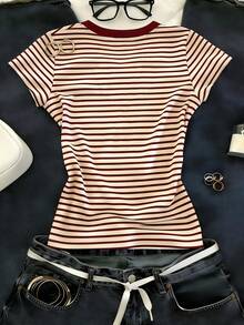 Glimmora Camiseta de manga corta casual de mujer con cuello en V y rayas, ajustada para uso diario - Multicolor - Ver 2