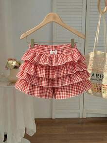 SHEIN MOD 大码休闲低腰格子紧身荷叶边女式超短裤返校服装女式蓝白平角短裤简约日常 - 紅白色 - 查看 5