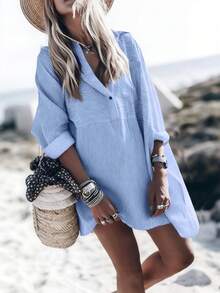 Breezaya Đầm tay cánh dơi kẻ sọc kiểu dáng thường ngày cho kỳ nghỉ - Màu xanh lam - Xem 1