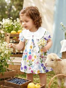 Souflis Souflis Baby Mädchen Peter Pan Kragen Fliege Puffärmel Blume Muster Baby Mädchen Kleid, Sommer Mode Urlaub Tropische Blumen Mädchen Süß Lässig Prinzessin Kleid Quetschig Sommer Outfits Kleider für Frühling Kleider für Mädchen Blumenkleid für Mädchen Quetschig Sommer Outfits Baby Kleidung für Mädchen Vintage Kleid für Baby Mädchen Ostern Kleider für Baby - Verschiedenfarbig - Übersicht 7