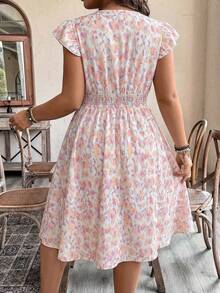 EMERY ROSE Plus Size Women's Floral V-Neck Cap Sleeve Ruched Waist Dress - Multicolor - View 2