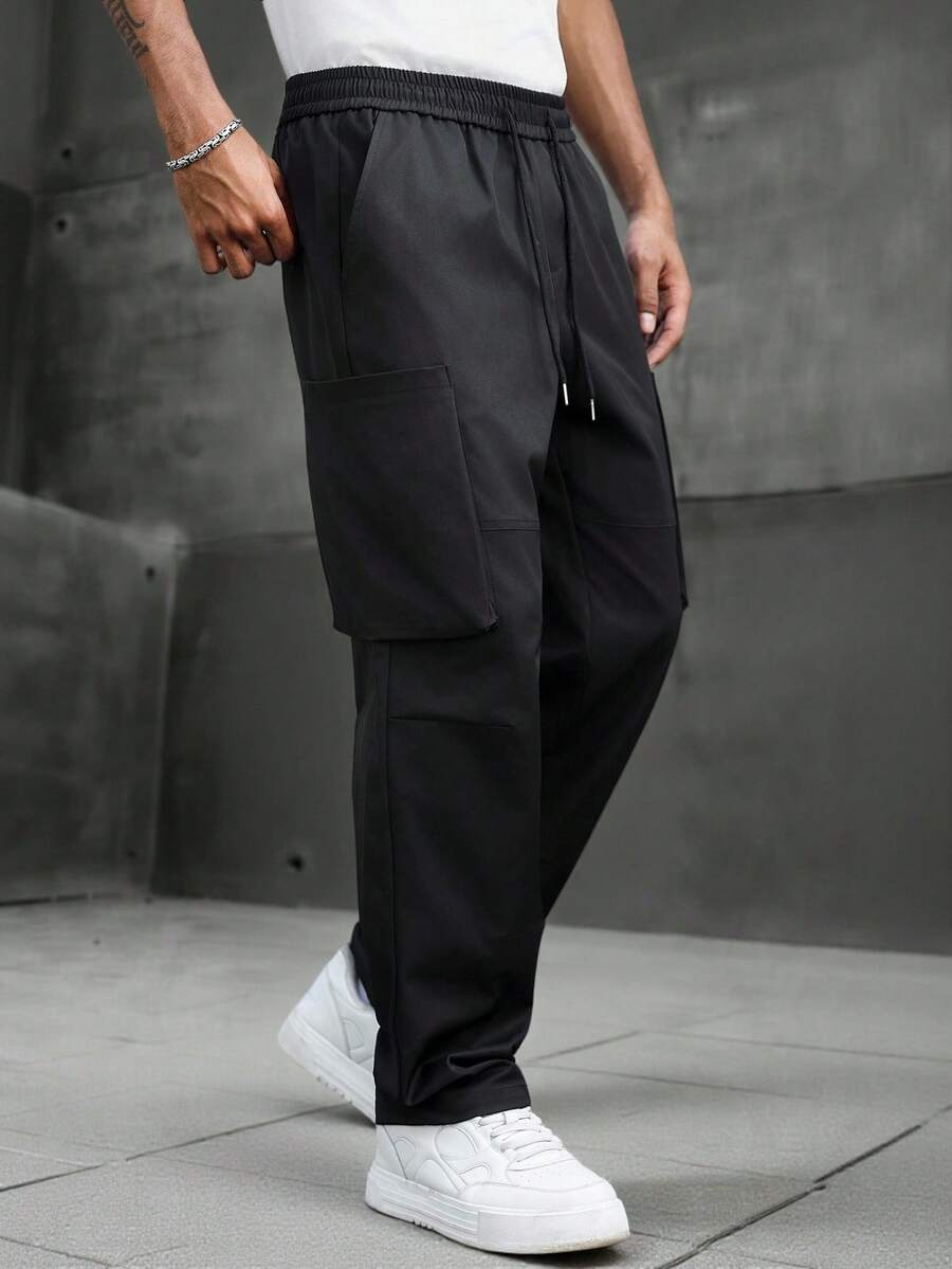 SLATEMANN Men's Casual Versatile Black Drawstring Waist Cargo Pants - Black - View 1
