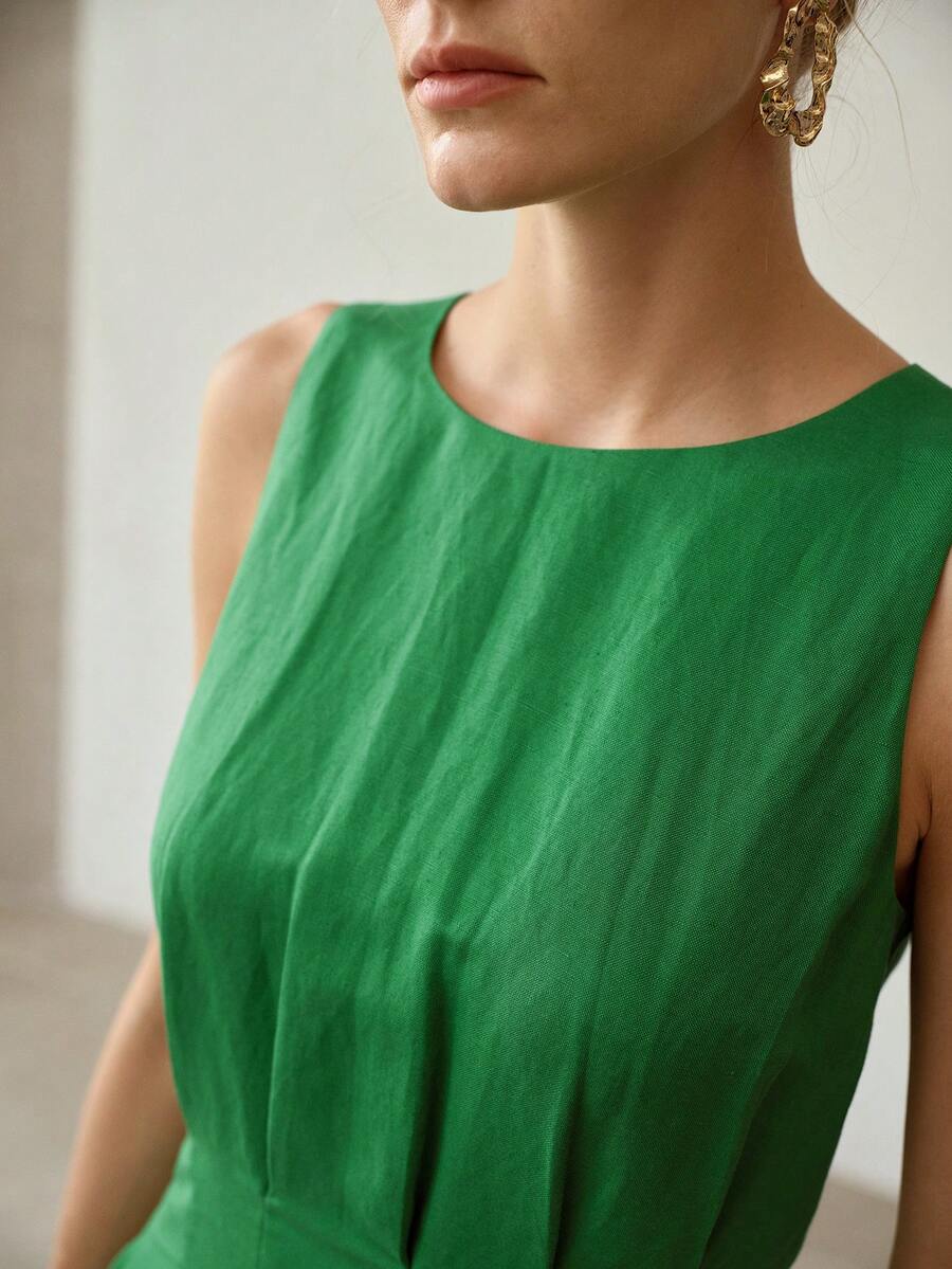 MOTF PREMIUM ĐẦM XẾP NẾP CỔ TRÒN - màu xanh lá - Xem 2