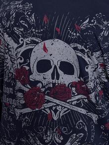 SHEIN ICON Plus Size Women Gothic Punk Pattern Black Loose Asymmetric-Shoulder T-Shirt - Navy Blue - View 5