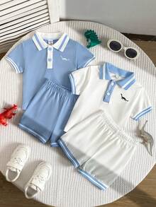 Souflis Souflis Conjunto de polo de manga corta con rayas irregulares y pantalones cortos con bordado adorable de oso para bebé niño, adecuado para el verano - Azul y blanco - Ver 8