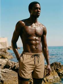 ZELFYO Men's Solid Color Minimalist Casual Beach Shorts - Khaki - View 5