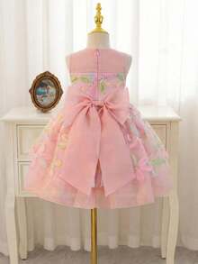 SHEIN Young Girl Elegant 3D Floral Organza Patchwork Bow Round Neck Sleeveless Princess Dress - Pink - View 1