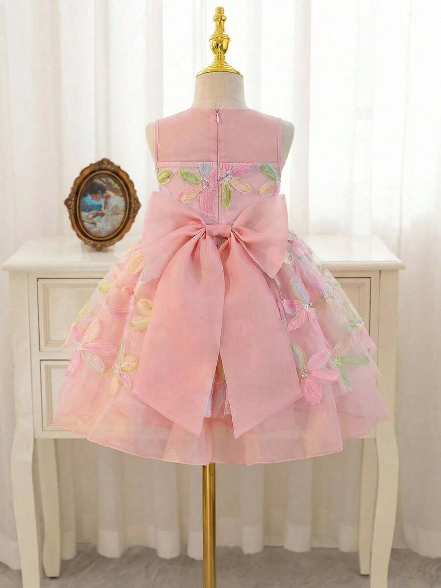 SHEIN Young Girl Elegant 3D Floral Organza Patchwork Bow Round Neck Sleeveless Princess Dress - Pink - View 1