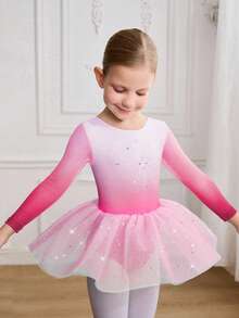 SHEIN Áo liền quần in họa tiết đính đá cho bé gái, váy múa ba lê bằng vải tuyn dành cho trường học/thi đấu, bộ đồ liền thân múa ba lê dễ thương với chân váy phồng đính sequin cho trẻ em. - Hồng - Xem 5