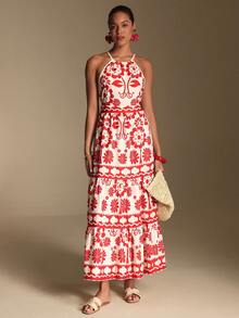 Swim Oasis Đầm hai dây in hoa đỏ kiểu Pháp cổ điển mùa xuân/hè 2026, cạp cao, dáng chữ A xòe, thích hợp cho đi làm, tụ họp bạn bè hoặc đi nghỉ mát. - Nhiều màu - Xem 5