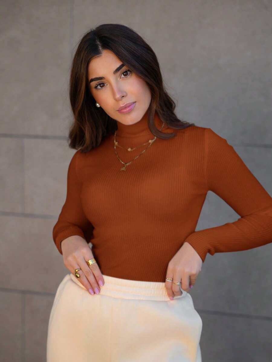 Hitanina Casual Solid Color Turtleneck Sweater, Versatile For Autumn/Winter - Burnt Orange - View 1