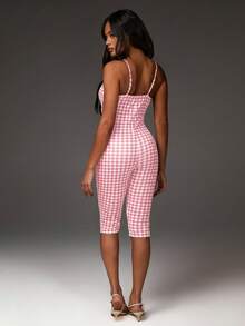 Athîral Jumpsuit Wanita Kasual Musim Panas Motif Kotak-kotak dengan Tali Bahu Tipis - Baby Pink - View 2