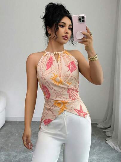 Elenzga Blusa elegante con estampado de océano, decoración de cuentas y lazo cruzado en la cintura, talla estándar para mujer, primavera/verano