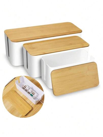 1 Caja organizadora de cables de bambú y madera, caja de almacenamiento de cables de datos, caja de gestión de cables de alimentación, caja de categoría, estante de cables de computadora, caja de enchufes