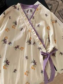 女士和服式长袖轻薄紫色碎花睡袍，甜美可爱宽松版型，家居休闲服，欧美简约设计，纯色时尚家居服，春秋季返校季罩衫浴袍，新娘送礼佳品 - 紫色 - 查看 6